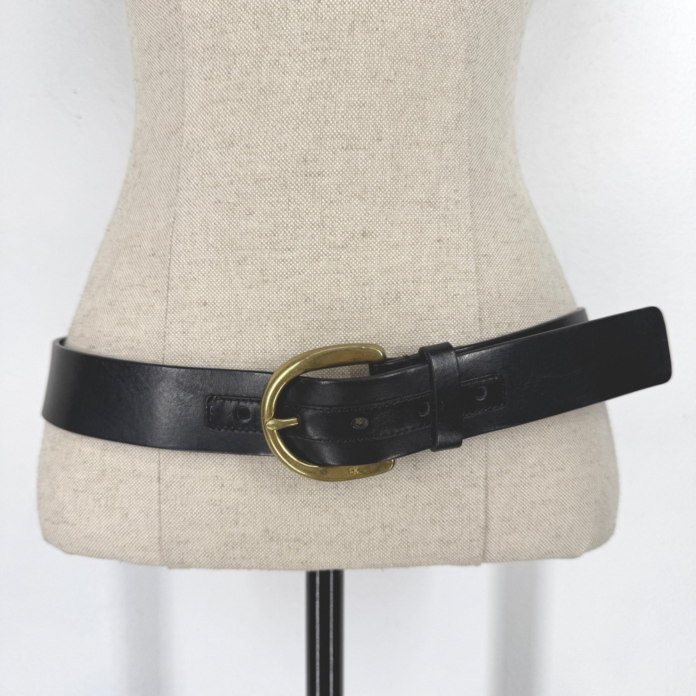 Calvin Klein Vintage 90s Minimalist Black Wide Leather Belt Brass Buckle Medium